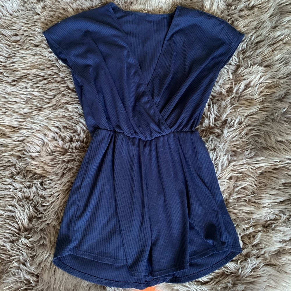 UO Navy Blue V Neck Knit Short Sleeve Romper